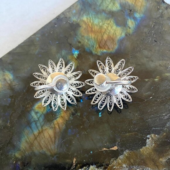 VTG Sterling Silver 925 Filigree Spun Silver Layered Flower Screwback Earrings - Picture 3 of 16